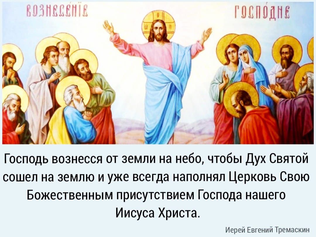 Господь вознесся от земли на небо, чтобы Дух Святой сошел на землю и уже всегда наполнял Церковь Свою Божественным присутствием Господа нашего Иисуса Христа.