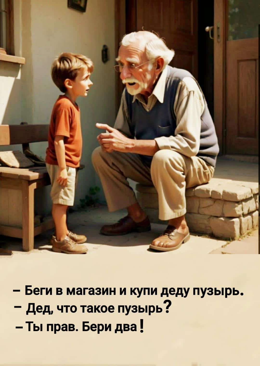 – Беги в магазин и купи деду пузырь.
– Дед, что такое пузырь?
– Ты прав. Бери два!