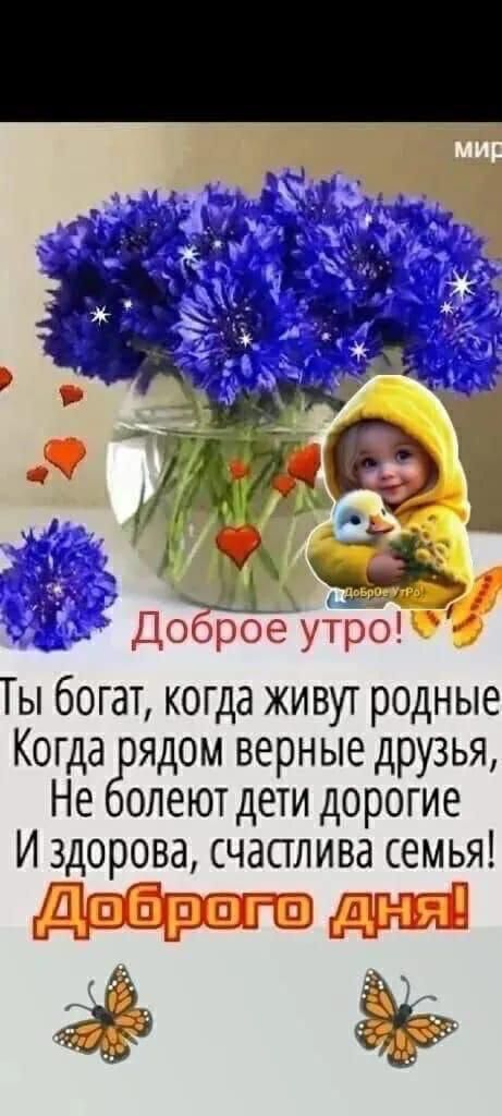 Доброе утро! Ты богат, когда живут родные Когда рядом верные друзья, Не болеют дети дорогие И здорова, счастлива семья! Доброго дня!