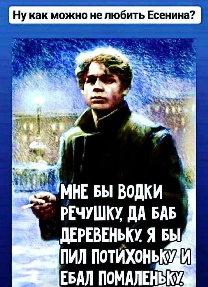 Ну как можно не любить Есенина? МНЕ БЫ ВОДКИ РЕЧУШКУ, ДА BAB ДЕРЕВЕНЬКУ. Я БЫ ПИЛ ПОТИХОНЬКУ И ЕБАЛ ПОМАЛЕНЬКУ.