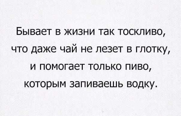 Бывает в жизни так тоскливо, что даже чай не лезет в глотку, и помогает только пиво, которым запиваешь водку.