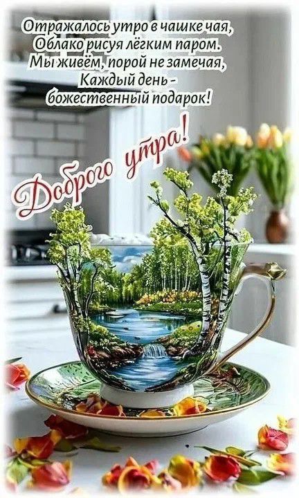 Отражалось утро в чашке чая, Облако рисуя лёгким паром. Мы живём, Второй не замечая, Каждый день - божественный подарок! Доброе утро!