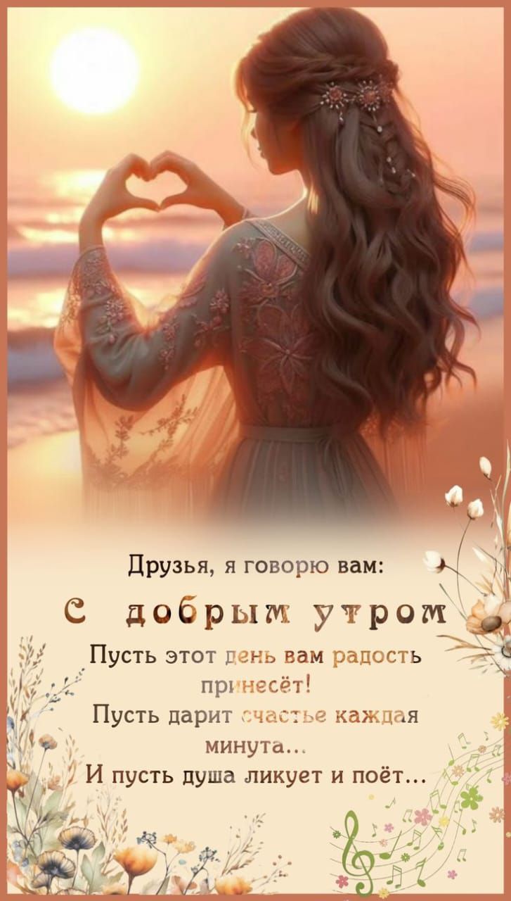 Друзья, я говорю вам:
С добрым утром
Пусть этот день вам радость принесёт!
Пусть дарит счастье каждая минута...
И пусть душа ликует и поёт...