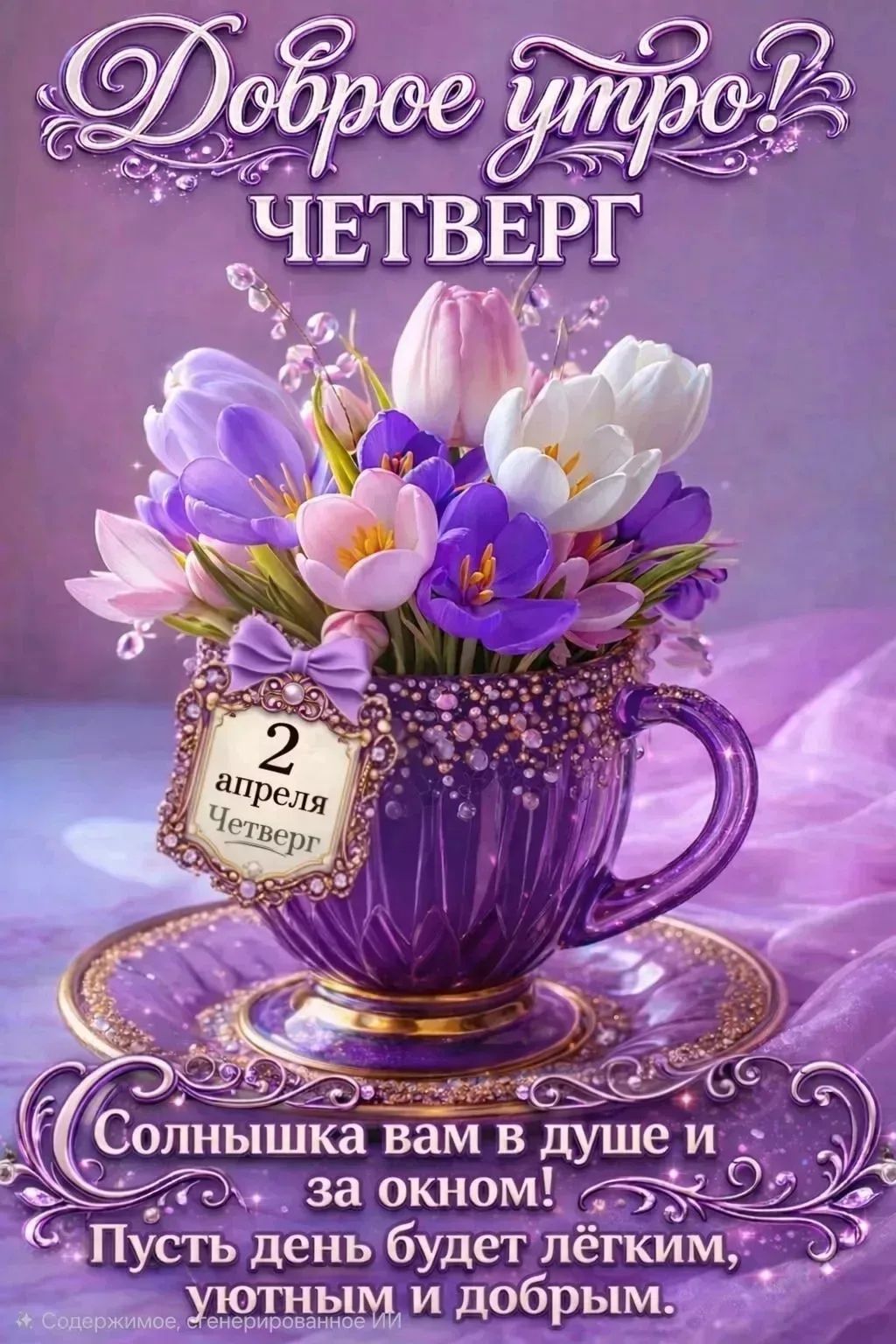 Доброе утро! ЧЕТВЕРГ 2 апреля Четверг Солнышка вам в душе и за окном! Пусть день будет лёгким, уютным и добрым. Содержимое, сгенерированное ИИ
