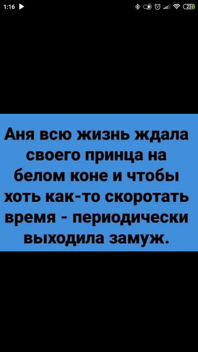 116 п Аня всю жизнь ждала своего принца на белом коне и чтобы хоть как то скоротать время периодически выходила замуж