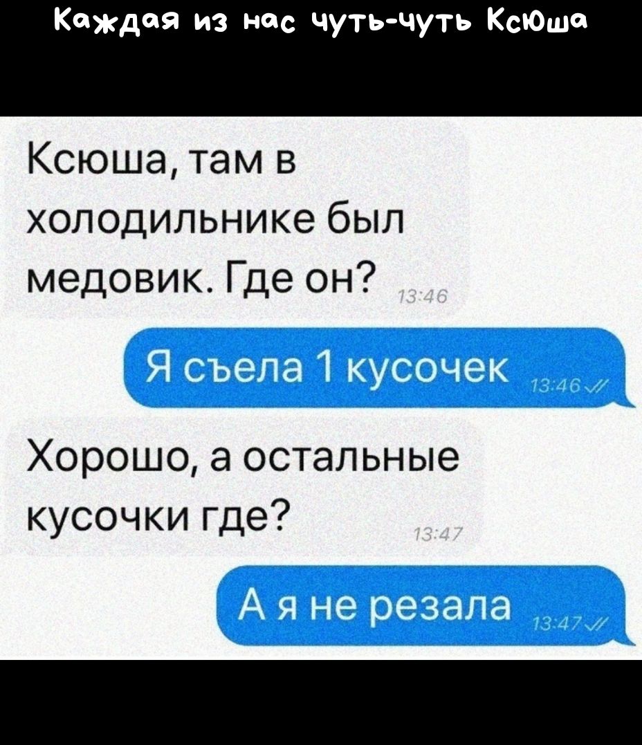 Каждая из нас чуть чуть Ксюша Ксюша там в холодильнике был медовик Где он Хорошо а остальные кусочки где