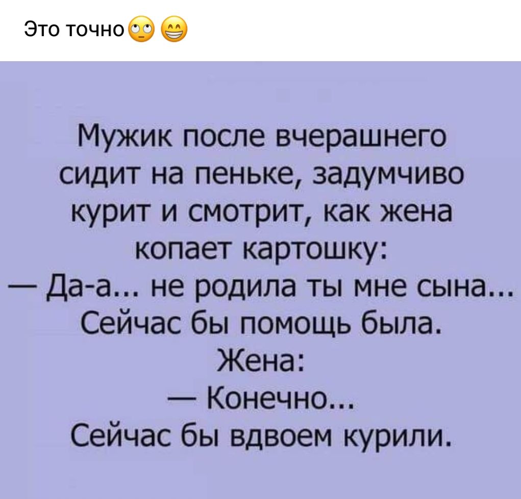 Это точноф Мужик после вчерашнего сидит на пеньке задумчиво курит и смотрит как жена копает картошку Да а не родила ты мне сына Сейчас бы помощь была Жена Конечно Сейчас бы вдвоем курили