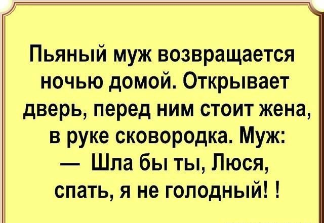 Пьяный муж возвращается ночью домой Открывает дверь перед ним стоит жена в руке сковородка Муж Шла бы ты Люся спать я не голодный