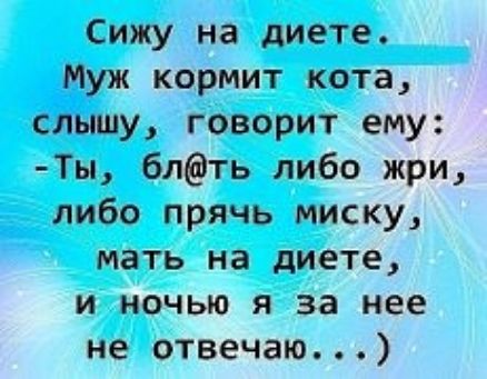 Сижу на диете Муж кормит кота слышу говорит ему Ты блть либо жри либо прячь миску мать на диете и ночью я за нее не отвечаю