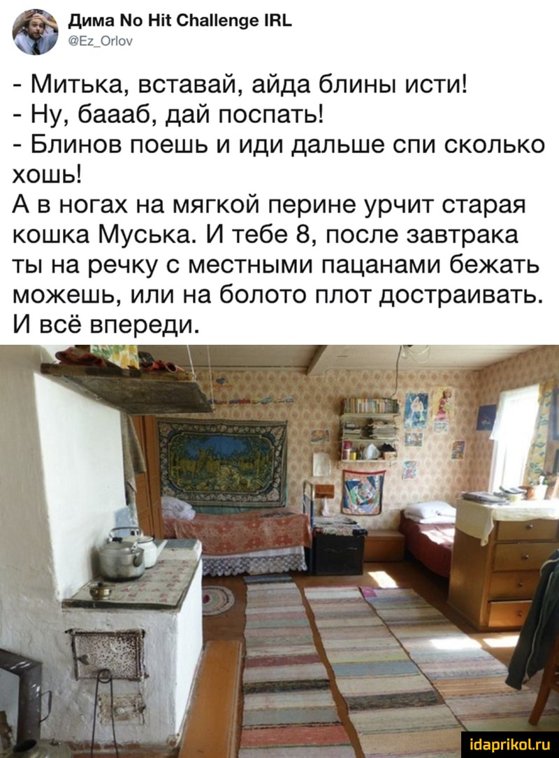 дима Мо Ніі СЬаеп9е Е1_Ог0 Митька вставай айда блины исти Ну баааб дай поспать Блинов поешь и иди дальше спи сколько хошь А в ногах на мягкой перине урчит старая кошка Муська И тебе 8 после завтрака ты на речку с местными пацанами бежать можешь или на болото плот достраивать И всё впереди ійаргіКпітц