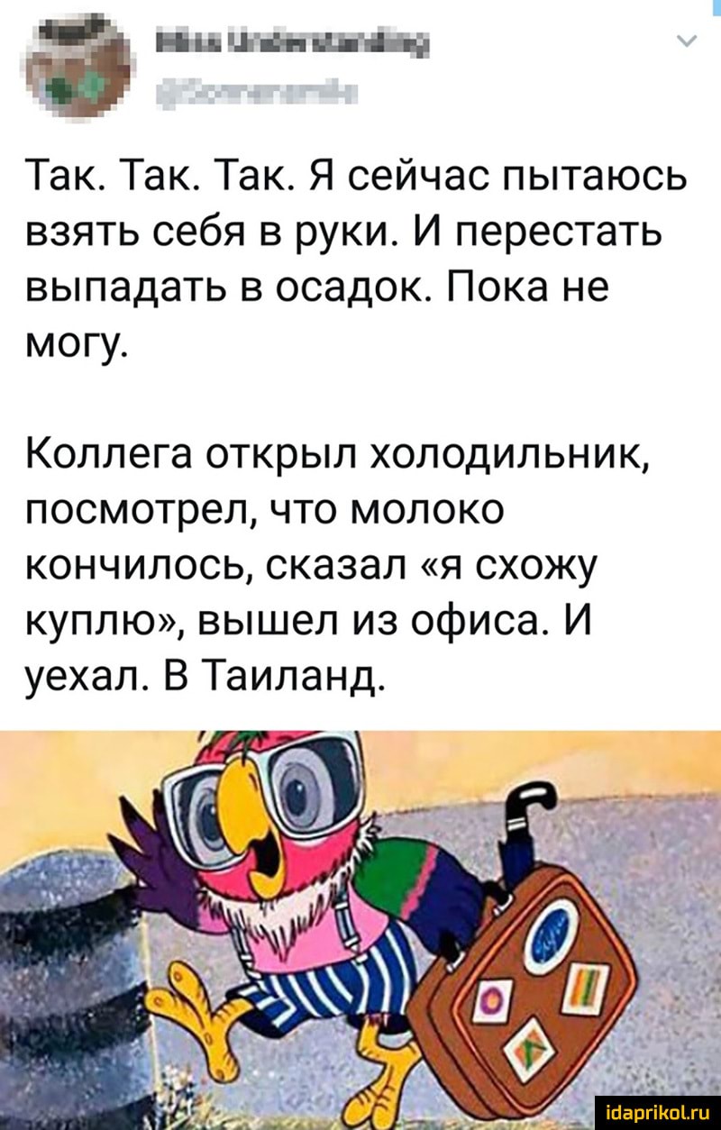 і ниш вн и ін Так Так Так Я сейчас пытаюсь взять себя в руки И перестать выпадать в осадок Пока не могу Коллега открыл холодильник посмотрел что молоко кончилось сказал я схожу куплю вышел из офиса И уехал В Таиланд _ паргіКпіти