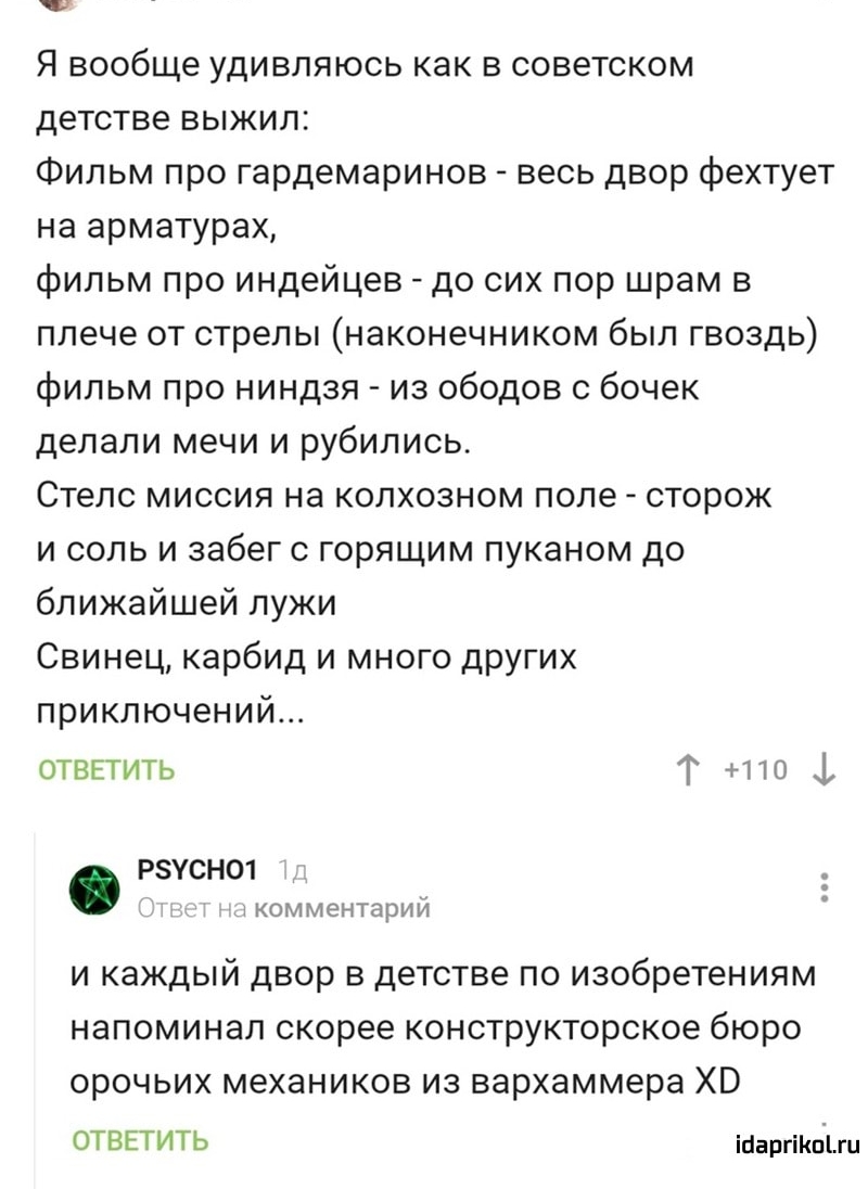 Я вообще удивляюсь как в советском детстве выжил Фильм про гардемаринов весь двор фехтует на арматурах фильм про индейцев до сих пор шрам в плече от стрепы наконечником был гвоздь фильм про ниндзя из ободов с бочек делали мечи и рубились Стелс миссия на колхозном попе сторож и соль и забег с горящим пуканом до ближайшей лужи Свинец карбид и много других приключений ответить Т 110 1 РУСНО1 чкоммент