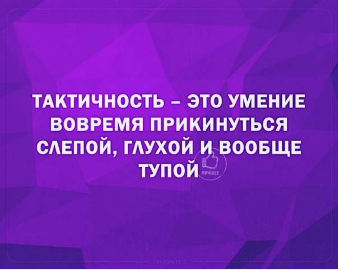 ТАКТИЧНОСТЬ ЭТО УМЕНИЕ ВОВРЕМЯ ПРИКИНУТЬСЯ СЛЕПОЙ ГЛУХОЙ И ВООБЩЕ ТУПОЙ