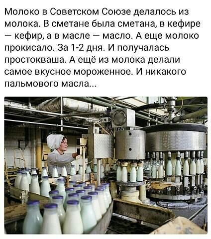Молоко в Советском Союзе делалось из молока В сметане была сметана в кефире кефир а в масле масло А еще молоко прокисапо за 1 2 дня И получалась простокваша А ещё из молока делали самое вкусное мороженное И никакого ПЭПЬМОЕОГО МаСЛЭ