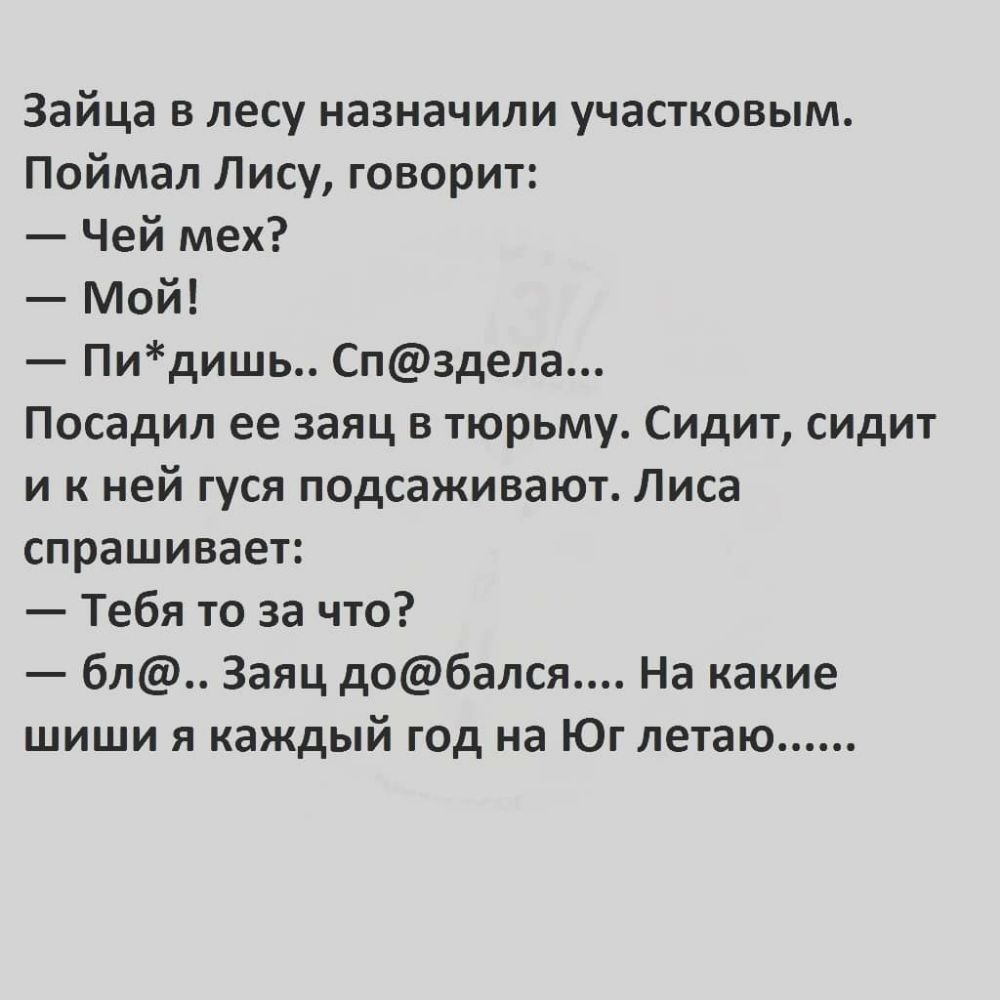 Зайца в лесу назначили участковым Поймал Лису говорит Чей мех Мой Пидишь Спздела Посадил ее заяц в тюрьму Сидит сидит и к ней гуся подсаживают Лиса спрашивает Тебя то за что бл Заяц добался На какие шиши я каждый год на Юг летаю