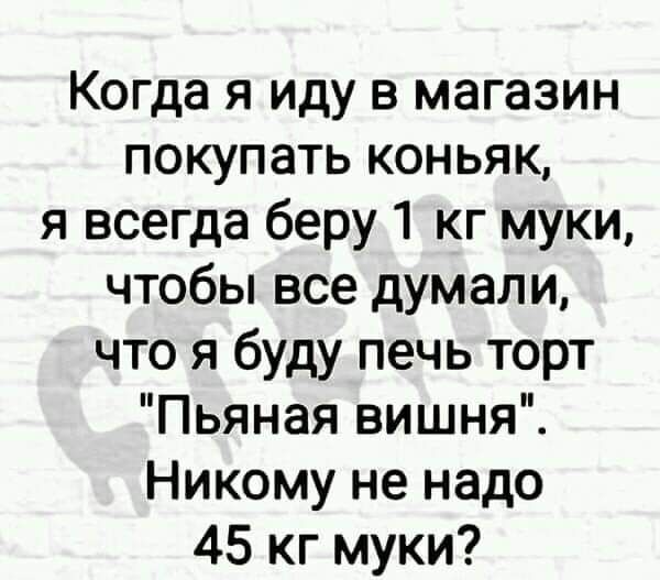 Когда я иду в магазин покупать коньяк я всегда беру 1 кг муки чтобы все думали что я буду печь торт Пьяная вишня Никому не надо 45 кг муки