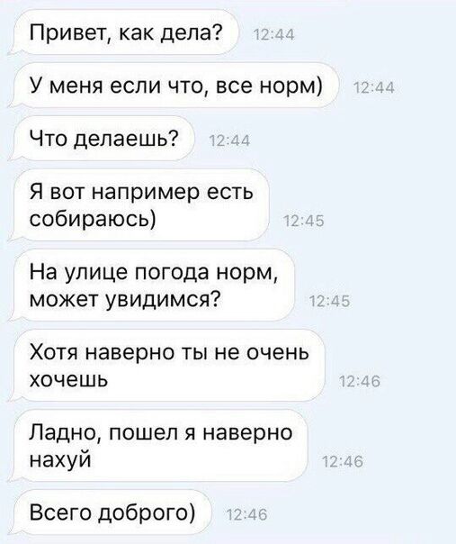Привет как дела У меня если что все норм Что делаешь Я вот например есть собираюсь На улице погода норм может увидимся ХОТЯ наверно ТЫ не очень хочешь Ладно пошел я наверно нахуй Всего доброго