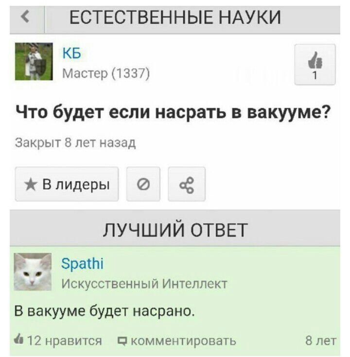 ЕСТЕСТВЕННЫЕ НАУКИ КБ Мастер 1337 1 Что будет если насрать в вакууме Закрыт 8 лет назад Влидеры лучший ОТВЕТ _а Зраті Искусственный Интеллект В вакууме будет насрано 12 нравится Ц комментировать 8 лет