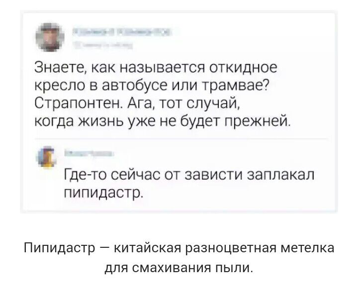 Знаете как называется откидное кресло в автобусе или трамвае Страпонтен Ага тот случай когда жизнь уже не будет прежней Где то сейчас от зависти заплакал пипидастр ПИПИДЭСТР _ китайская разноцветная метепка ДЛЯ СМЭХИВЭНИЯ ПЫПИ