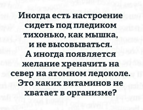 Иногда есть настроение сидеть под пледиком тихонько как МЬЕШКЗ И не ВЬЦСОВЬЦВаТЪСЯ А иногда появляется желание хреначить на север на атомном педокопе Это каких витаминов не хватает В организме