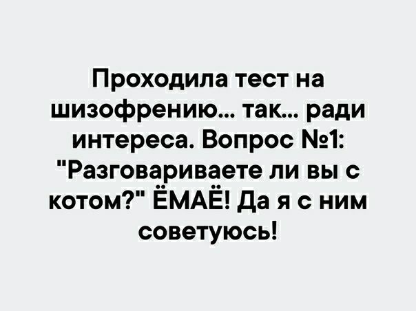 Проходила тест на шизофрению так ради интереса Вопрос 1 Разговариваете ли вы с котом ЁМАЁ да я с ним советуюсь