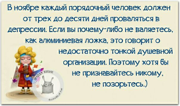 В ноябре каждый порядочный человек должен от трех до десяти дней провапчться в депрессии Если вы почему либо не вапчетесь как алюминиевая ложка это говорит о недостаточно тонкой душевной организации Поэтому хотя бы не признавайтесь никому не позорьтесь