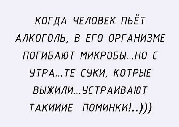 КОГДА ЧЕЛОВЕК пьёт АЛКОГОЛЬ в ЕГО ОРГАНИЗМЕ ПОГИБАЮТ микровыно 9ТРАТЕ суки КОТРЫЕ ВЫЖИЛИ_1СТРАИВАЮТ ТАКИИИЕ поминки