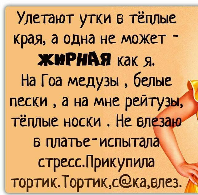 Улетают утки в тёплые края а одна не может _ жирная как я На Гоа медузы белые і пески а на мне реиту тёплые носки Не вл 1 в платьеиспытал стрессПрикупила