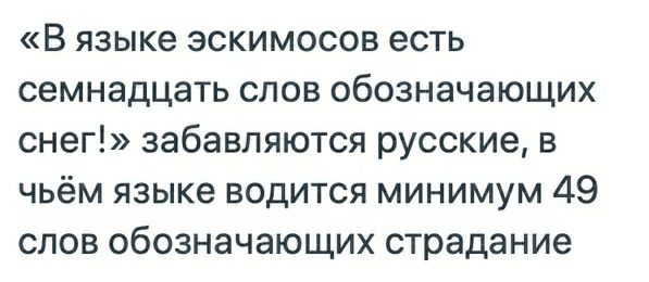 В языке эскимосов есть семнадцать слов обозначающих снег забавпяются русские в чьём языке водится минимум 49 слов обозначающих страдание