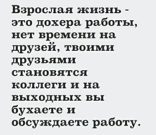 Взрослая жизнь это дохера работы нет времени на друзей твоими друзьями становятся коллеги и на выходных вы бухаете и обсуждаете работу