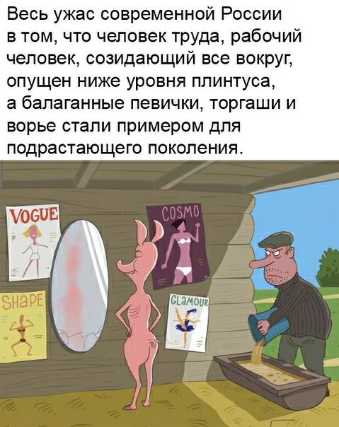 Весь ужас современной России в том что человек труда рабочий человек созидающий все вокруг опущен ниже уровня плинтуса а балаганные певички торгаши и ворье стали примером для подрастающего поколения