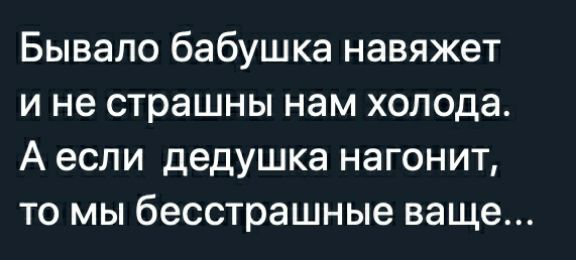 Бывало бабушка навяжет и не страшны нам холода А если дедушка нагонит то мы бесстрашные ваще