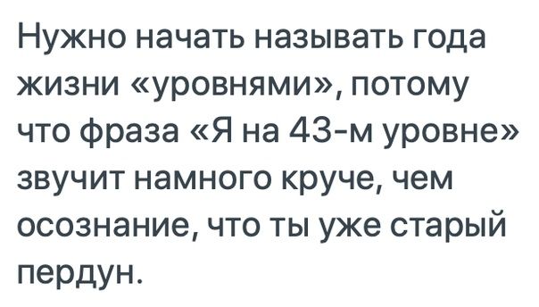 Нужно начать называть года жизни уровнями потому что фраза Я на 43м уровне звучит намного круче чем осознание что ты уже старый пердун