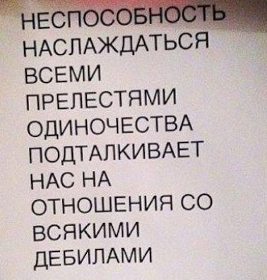 Чп НАСЛАЖДАТЬСЯ всеми ПРЕПЕСТЯМИ ОДИНОЧЕСТВА ПОДТАПКИВАЕТ НАС НА ОТНОШЕНИН СО ВСЯКИМИ ДЕБИЛАМИ