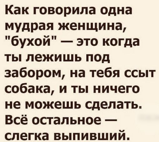 Как говорила одна мудрая женщина бухой это когда ты лежишь под забором на тебя ссыт собака и ты ничего не можешь сделать Всё остальное слегка выпивший