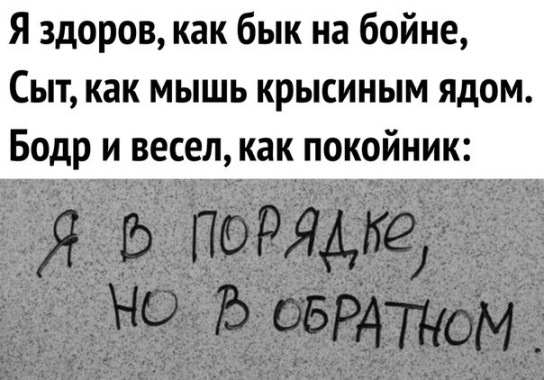 Я здоров как бык на бойне Сыт как мышь крысиным ядом Бодр и весел как покойник