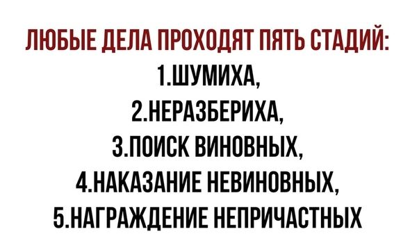 ЛЮБЫЕ ДЕЛА ПРОХОДЯТ ПЯТЬ СТАДИИ 1ШУМИХА 2НЕРАЗБЕРИХА ЗППИСК ВИНДВНЫХ 4НАКА3АНИЕ НЕВИНПВНЫХ БНАГРАЖДЕНИЕ НЕПРИЧАВТНЫХ
