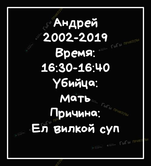 Андрей 20022019 Время 163016140 Убийца мать Причина Ел вилкой суп