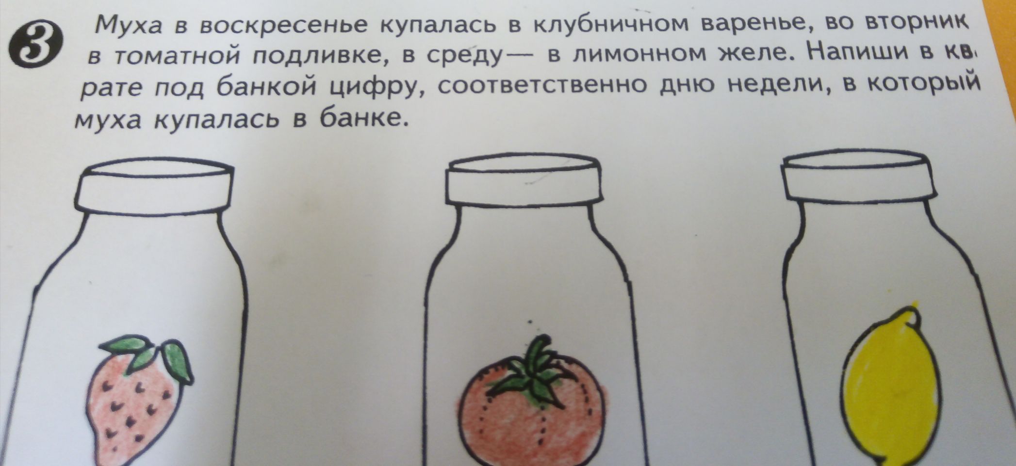 Муха в воскресенье купалась в клубничном варенье во вторник в томатной подливке в среду в лимонном желе Напиши в кв рате под банкой цифру соответственно дню недели в который муха купалась в банке