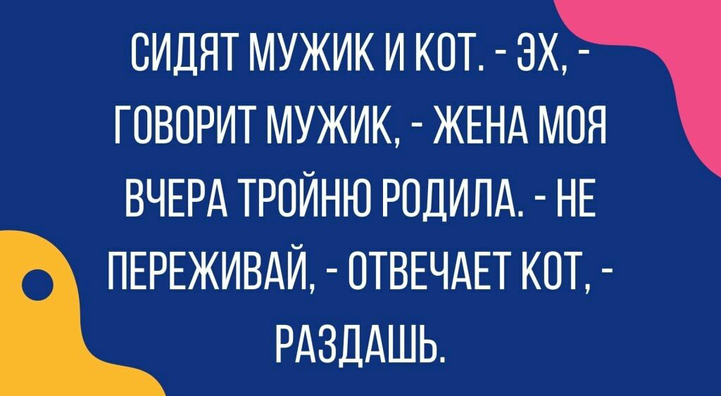 ОИДЯТ МУЖИК И КОТ ЗХ ГОВОРИТ МУЖИК ЖЕНА МОЯ ВЧЕРА ТРОЙНЮ РОДИПА НЕ ПЕРЕЖИВАЙ ОТВЕЧАЕТ КОТ РАЗДАШЬ