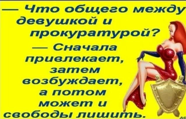 Что общего между девушкой и прокуратурой Сначала привлекает затем возбуждает ЁЁ а потом может и свободь лишить