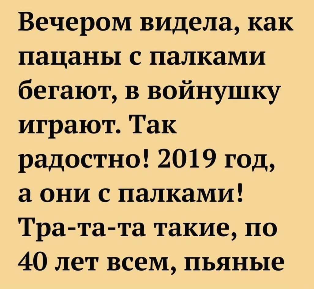 Вечером видела как пацаны с палками бегают в войнушку играют Так радостно 2019 ГОД они с палками Тра та та такие по 40 лет всем пьяные