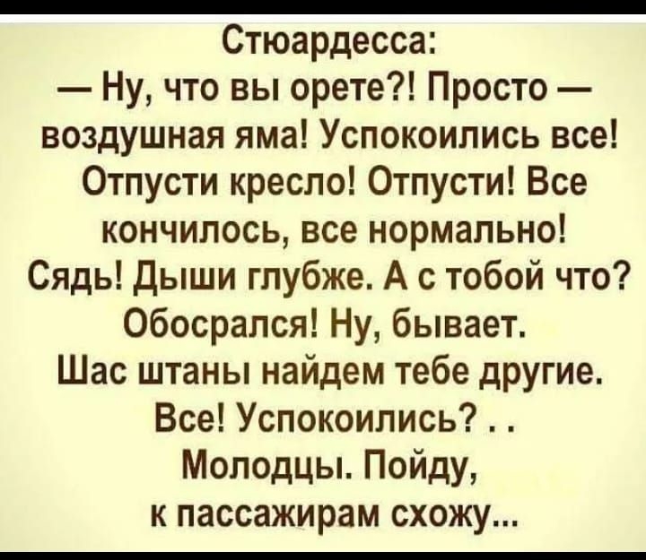 Стюардесса Ну что вы орете Просто воздушная яма Успокоились все Отпусти кресло Отпусти Все кончилось все нормально Сядь Дыши глубже А с тобой что Обосрался Ну бывает Шас штаны найдем тебе другие Все Успокоились Молодцы Пойду к пассажирам схожу
