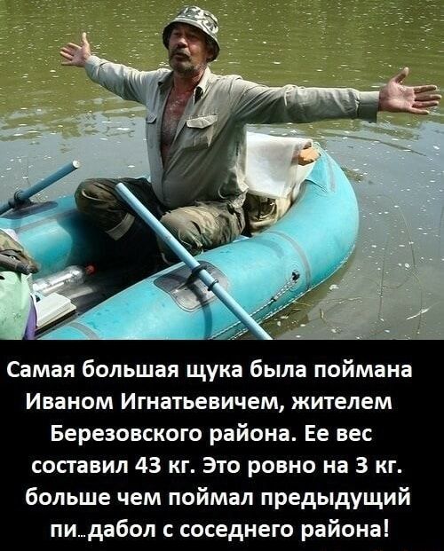 Самая большая щука была поймана Иваном Игнатьевичем жителем Березовского района Ее вес составил 43 кг Это ровно на 3 кг больше чем поймал предыдущий пи дабол с соседнего района