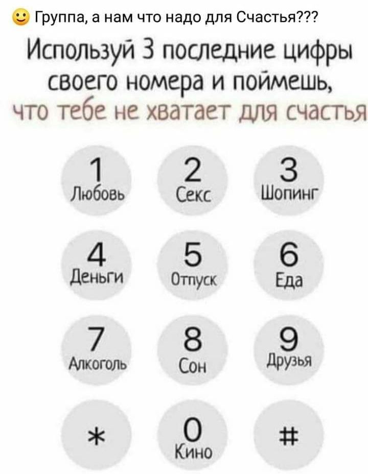 Группа а нам что надо для Счастья Используй 3 послание цифры своего номера и поймешь что тебе не хватает для счастъя 1 2 3 Любовь Секс Шопинг 4 5 6 деньги ОТПУСК Еда 7 8 9 Алкоголь Сон дРУЗЬЯ