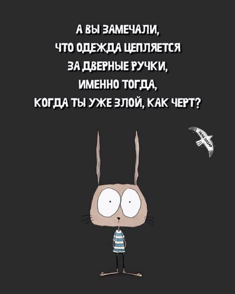 А ВЫ ЗАМЕЧАЛИ ЧТО ОДЕЖДА ЦЕПЛЯЕТСЯ ЗА дВЕРНЫЕ РУЧКИ ИМЕННО ТОГДА КОГДА ТЫ УЖЕ ЗЛОЙ КАК ЧЕРТ