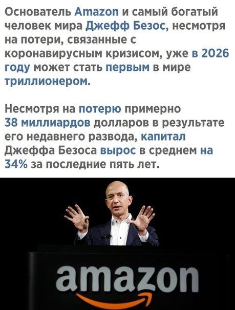 Основатель Атагоп и самый богатый человек мира джеё ЁЭ Бэзос несмотря на потери связанные коронавирусным кризисом уже в 2026 году может стать первым в мире триллисмершт Несмотря на потерю примерно 38 мишпиардов долларов в результате его недавнего развода кап стал Джеффа Безоса вырос в среднем на 54 за последние пять лет