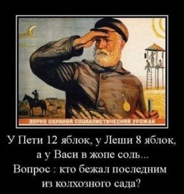 У Пети 12 яблок у Леши 8 яблок а у Васи в жопе соль Вопрос кто бежал последним из колхозного сада
