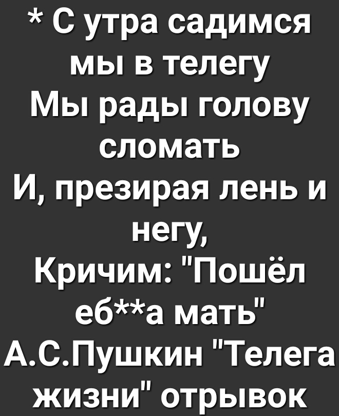 С утра садимся мы в телегу Мы рады голову сломать И презирая лень и негУі Кричим Пошёл еба мать АСПушкин Телега жизни отрывок