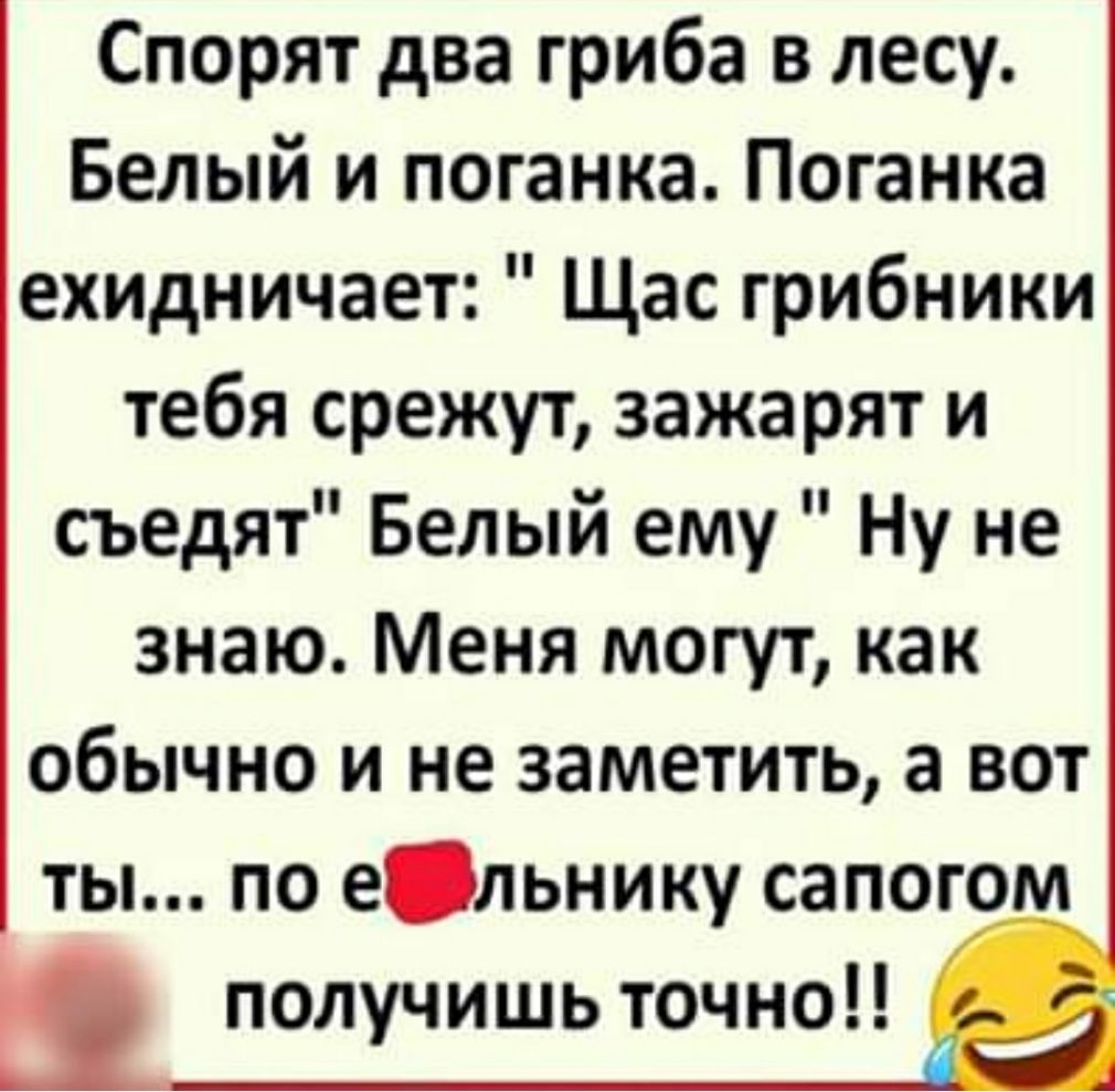 Спорят два гриба в лесу Белый и поганка Поганка ехидничает Щас грибники тебя срежут зажарят и съедят Белый ему Ну не знаю Меня могут как обычно и не заметить а вот ты по едьнику сапогом получишь точно